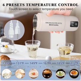 MIICASA Travel Electric Kettle, Portable Small Tea Coffee Kettle with Waterproof Boot, 6 Temperature Controls Water Heater Boiler, 304 Stainless Steel Auto Shut-Off Boil Dry, 17oz (Round White)