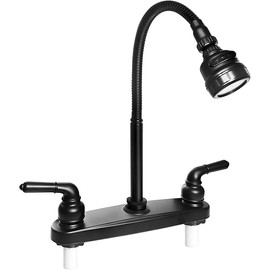 RV Kitchen Faucet,Camper RV Kitchen Sink Faucet Replacement with 2 Handles Flexible Arch 360 Swivel Flexible Tri-Function Sprayer for Motorhomes,Travel Trailers,8 inch 2 Hole,Black