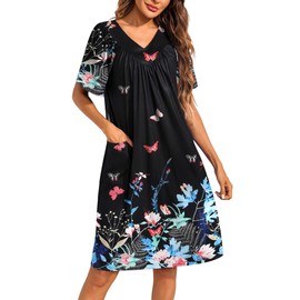 Ekouaer Womens House Dress Floral Print Moo Moos Nightgowns Moomoo Dresses Mumus with Pockets Black Butterfly L
