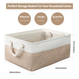 8 Pack Storage Basket Bins - Decorative Baskets Bulk Storage Box Cubes Containers with Handles for Clothes Storage Bathroom, Garage, Books, Home, Office, 13.7L x 9.8W x 6.7H (White&beige)