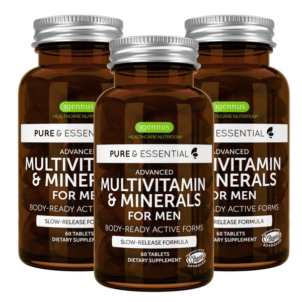 Men's Multivitamin, Methylated B-Vitamins, Clean Label & Vegan, High Strength Formula Without Iron, Daily Energy, Immunity & Heart Support, Plus Lycopene, Slow Release, Chelated Minerals, by Igennus