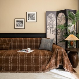 HANDONTIME Plaid Sofa Cover for 3 Cushion Couch, Washable Checkered Couch Slipcover White Geometric Dog Couch Cover Blanket Pet-Friendly Chenille Furniture Protector Sofa Covers(Dark Brown, 71"x118")