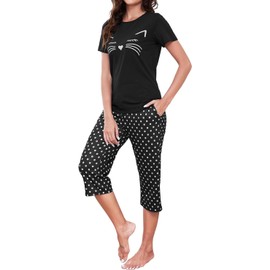 Yowmina 2 Pack Women's Pajamas Set Cotton Short Sleeves Top and Capri Pants Summer Sleepwear Cute Printed Loungewear Set Black