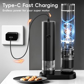 Electric Salt and Pepper Grinder Set, Rechargeable Automatic Salt Pepper Shakers Mills, Adjustable Coarseness Easy Filling with Base&Cover, for Kitchen Outdoors Gift- 2 Packs, Black