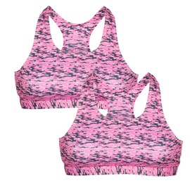 Popular Sujetador deportivo para niña, estampado y espalda cruzada, paquete de 2, Rosado (Pink Camo), 7-8