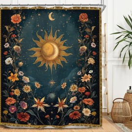 Miyotaa Celestial Sun Moon Shower Curtain Set 60Wx71H Inches Vintage Night Aesthetic Mysterious Witchy Polyester Waterproof Cloth Bathroom Curtain with 12 Hooks
