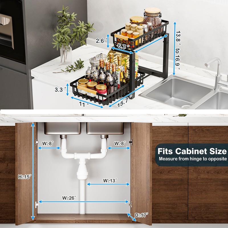 BXINREDA Under Sink Organizers and Storage, 2 Tier Slide Out
