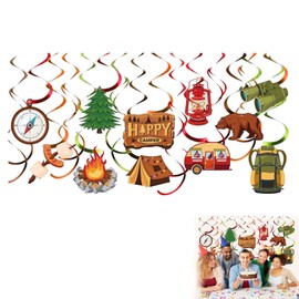Camping Theme Party Decorations Set - 11 Paper Cutouts and 11 Swirling Hanging Decorations - 11 Different Designs - Perfect for Camping Birthday Parties and Themed Events - Reusable, Easy to