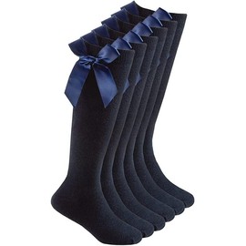 reshmena® 3 Pairs Girls Knee High School Cotton Socks with Fluffy Ribbons Bow, Back to School Sock's Uniform Party Comfort Fit Long Socks Stocking Girls Knee High Kids School Sock Size 12-3 Navy KHB