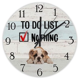 ArogGeld English Bulldog Rustic Wall Clock to Do List Nothing Clocks Funny Dog Wood Clock Dog Mom Wooden Round Clocks Wall Decor 10Inch Battery Operated Home Decorative Silent Clock for Living Room