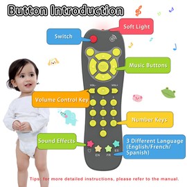 Baby Remote Toy, Toddlers TV Remote Control Toy Kids Realistic Play Remote Early Educational Baby Musical Toys with Light and Sound English French Spanish for Proshool Boys Girls 6 Month+, Gray