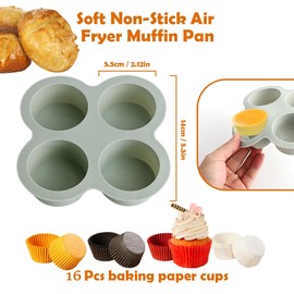 Jaxbo 2 Pcs Air Fryer Accessories, Silicone Muffin Pans for Baking， Non-Stick Food-Grade Air Fryer Liners with 16 Disposable Paper Coated Baking Cups