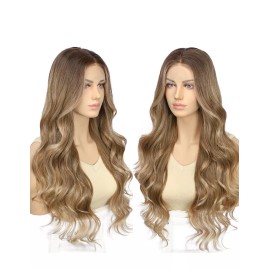 Unbranded Natural Brown With Light BLONDE HIGHLIGHTS  Wig HD Front Lace Human Hair Blend