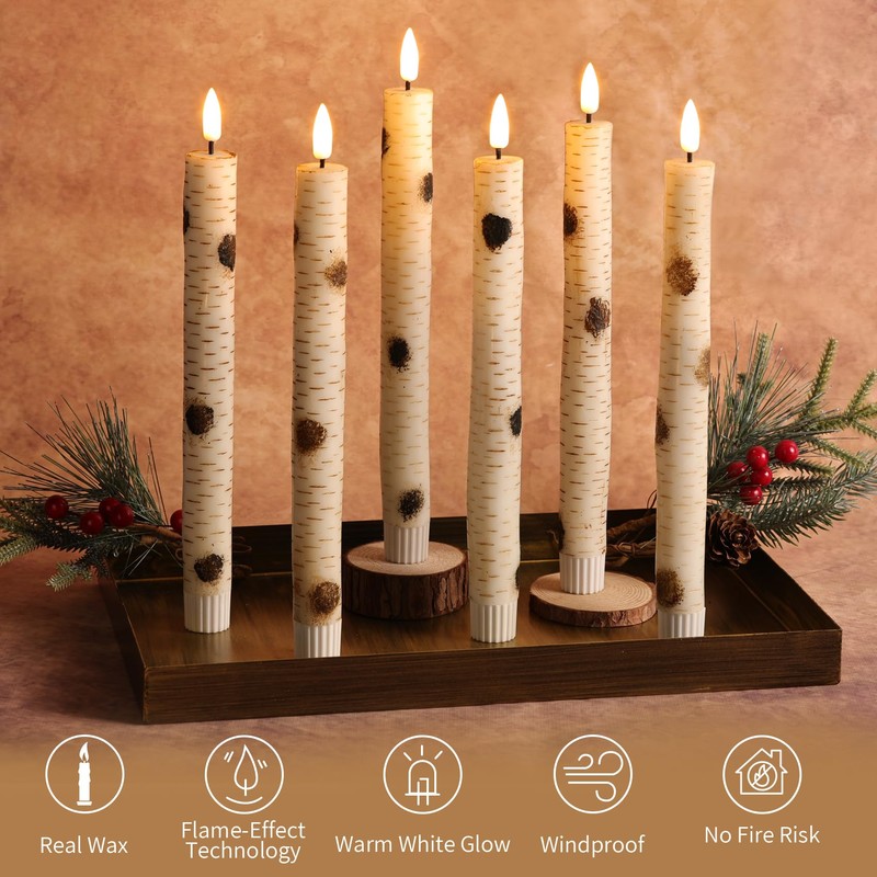 Girimax Birch Bark Flameless Taper Candles with Remote, Flickering Battery