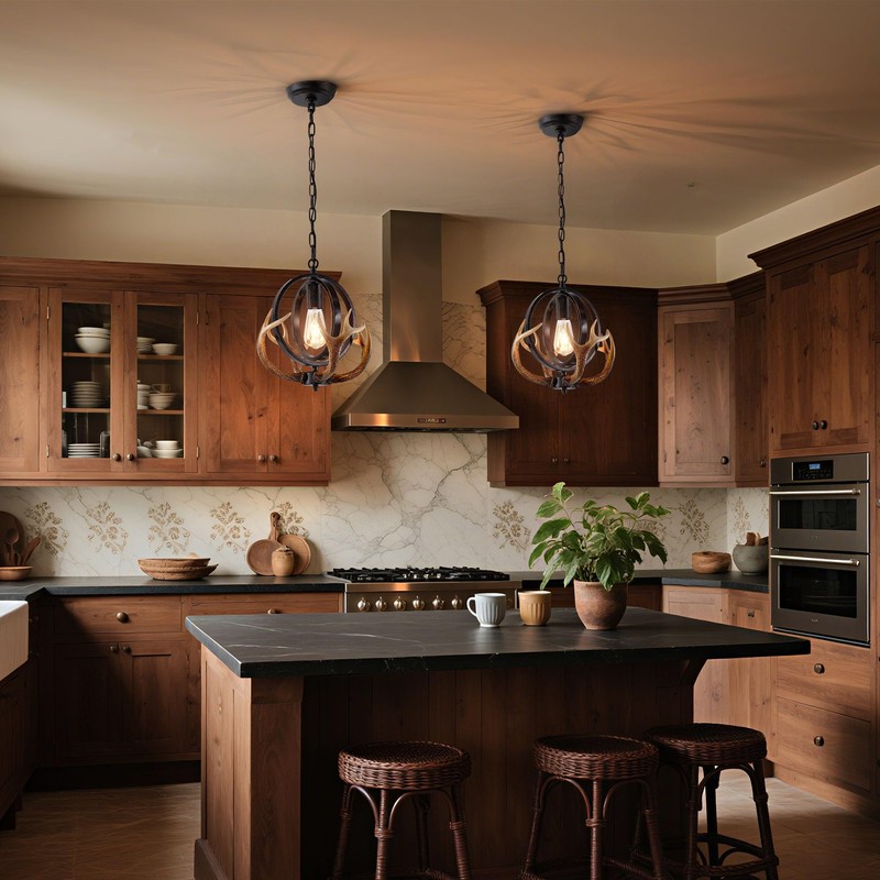 NEARLED Rustic Antler Pendant Light, Metal Globe with Resin Antlers,