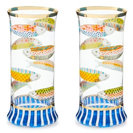 MACKENZIE-CHILDS Highball Glasses, Tall Drinking Glasses with Gold Rims, 15 Ounces, Set of 2, Go Fish