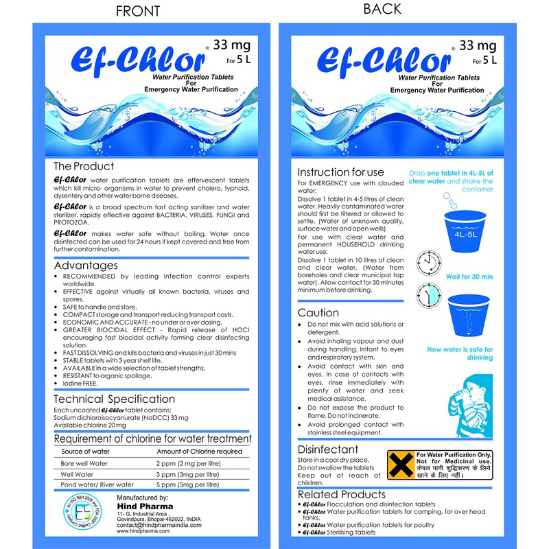 Ef-Chlor 33 mg Water Purification Tablets – Treats 4–5 litres
