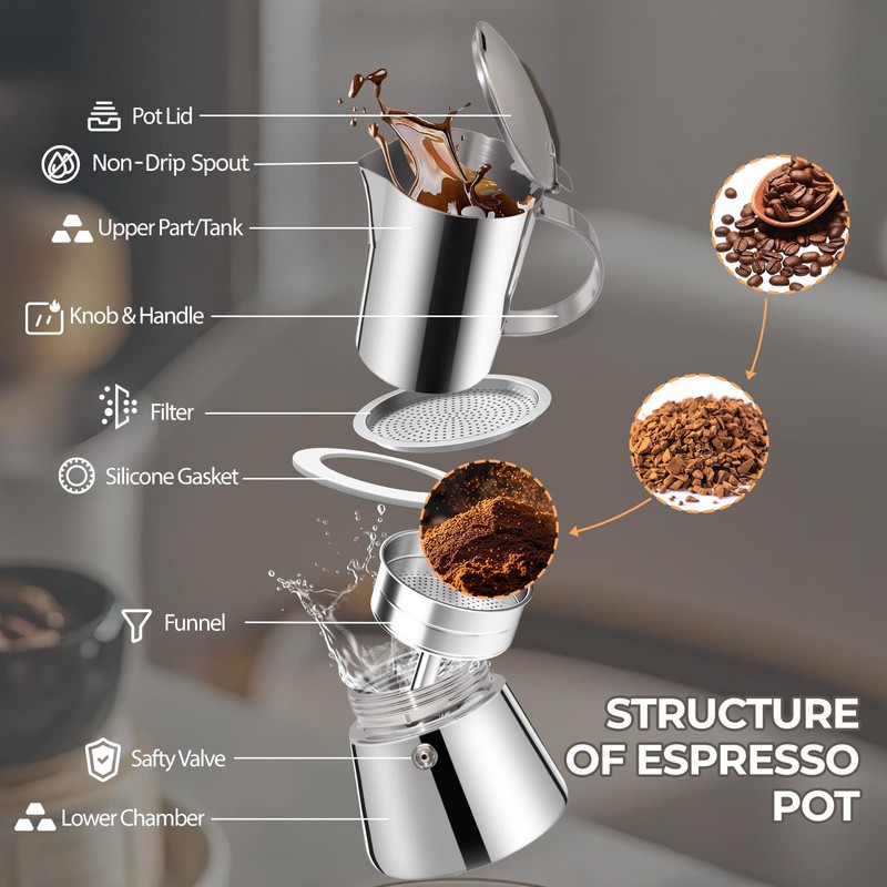 Uncoated 4 Cup Moka Pot 304 Thickened Stainless Steel Coffee