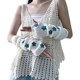 Cute Y2K Star Arm Warmers Kawaii Half Finger Adorable Accesspties for Teen Girl Glove Gyaru Harajuku Arm Sleeve - Color: White-blue Star