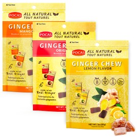 Pocas Ginger Chews, Variety Pack - Mango, Original, and Lemon Ginger Chews, Individually Wrapped Snacks, Ginger Candy Made with Pure Cane Sugar, 3 Oz Ea (3 Piece Set)