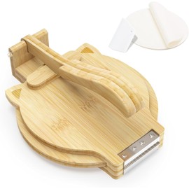 Bamboo Tortilla Press 10 inch Wooden Corn Tortilla Maker Quesadilla Maker Rotatable Roti Maker with Parchment Paper & Dough Cutter for Flour Mexican Taco Pataconera Dough Press (4.5"-10")