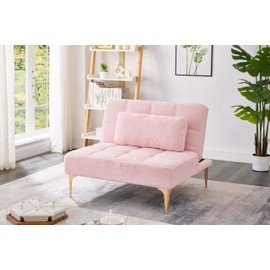 roomfitters Convertible Single Sofa Bed Futon with Gold Metal Legs in Teddy Fabric, Compact and Versatile, Ideal for Small Living Spaces, Bedroom, or Living Room, Stylish, Functional Design, Pink
