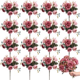Yunlly 16 Packs Artificial Peony Flowers Faux Flowers Peonies Bouquet Silk Vintage Wedding Home Table Door Decor Reusable Bouquet Rose Flowers for Bridal Wedding Birthday Home (Dark Pink,Elegant)
