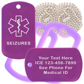 Custom 2 Pack - Seizures Medical Alert ID Necklaces with Purple Custom Tags, Purple Silencers, and 30'' USA Chains