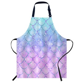 oFloral Mermaid Scales Bib Apron with Adjustable Neck for Men Women,Suitable for Home Kitchen Cooking Waitress Chef Grill Bistro Baking BBQ Apron