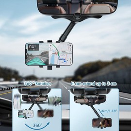 Soporte para Teléfono para Espejo Retrovisor de Coche, Soporte Móvil para Automóvil 360 Giratorio y Retráctil, Soporte Celular Auto Universal Pinza de Espejo Retrovisor de Coche