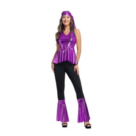 Plus Size 70s Disco Costume - Women's Hippie Disco Diva Flare Pants in Purple, 3XL