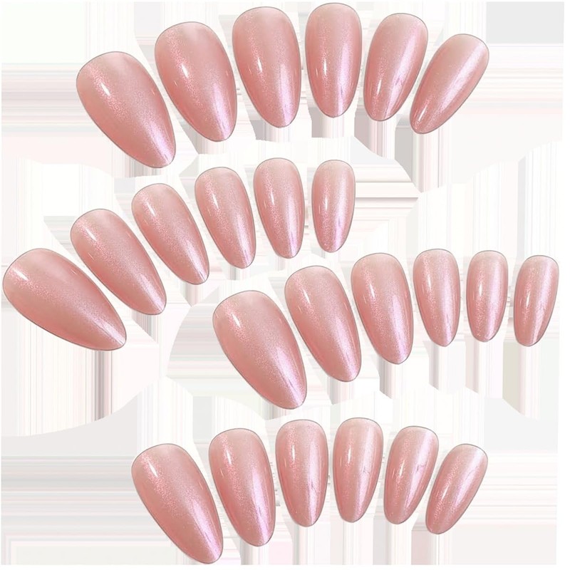 Almond Press on Nails Pink Chrome Fake Nails Glossy Pearl