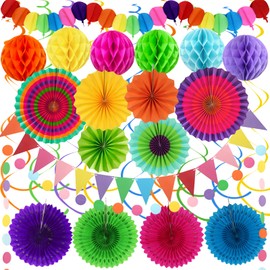Fiesta Party Decorations - Easy to Assemble Multicolored Paper Fan Honeycomb Ball Garland Hanging Swirl for Mexican Party Cinco De Mayo Taco Themed Party Decorations Birthday Rainbow Parties
