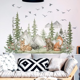 Mountains and Tree Wall Decals Forest Animals Brown Bear Elk and Bird Wall Stickers Decor for Kids Room Living room Offices Woodland Nursery Decor Large Size 30 * 90cm 4 Sheets