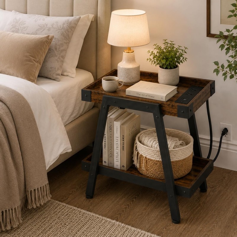 Farmhouse Side Table with Charging Station
