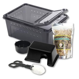 Jungle Bob - Medium Terrarium Bundle - with 10.25" x 7" x 4.5" Black Plastic Terrarium Box, Small Rectangle Hide Box, Sphagnum Moss (0.4oz), Grabber (7.25"), & Round Corner Bowl - Reptile Habitat Kit