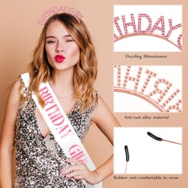 XiuSpark Happy Birthday Girl Crowns White Birthday Sash Rose Gold Tiara Crown Tiaras for Women Crown Sash Headband Adult Woman Gifts for Women Decorations Accessories
