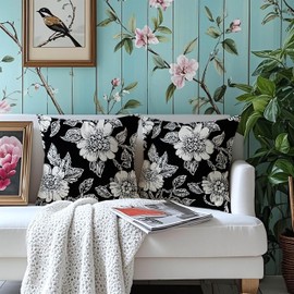mellicoma Waterproof Outdoor Pillow Covers 18x18 Pack of 2 Black White Floral Print Throw Spring Outdoor Pillows for Garden Funiture Patio Home