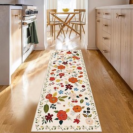 U'Artlines 2'x6' Boho Runner Rug for Hallways Kitchen Colorful Floral Soft Non Slip Washable Floor Carpet Runners for Entryway Laundry Room Bathroom Beige