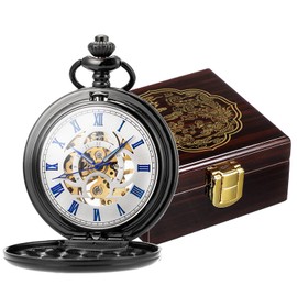 ManChDa Antique Mechanical Pocket Watch Lucky Dragon & Phoenix Black Skeleton with Box