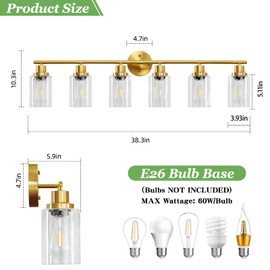 Guliaofo 6-Light E26 Gold Bathroom Vanity Lights, Modern Bathroom Light Fixtures with Clear Glass Shade, Wall Lamps for Mirror Hallway Kitchen Cabinet Living Room Sconces Lights