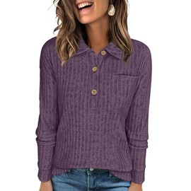 ANRABESS Womens Long Sleeve Shirts Henley V Neck Tops Dressy Casual Ribbed Knit Loose Comfy Tunic Sweaters with Pocket Purple XX-Large