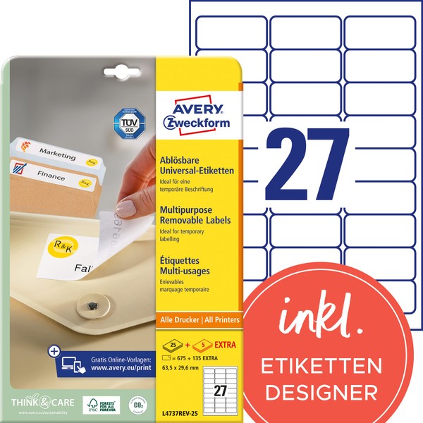 Avery L4737REV-25 - Removable Labels 63.5x29.6mm L4737REV-25 (675 Labels)