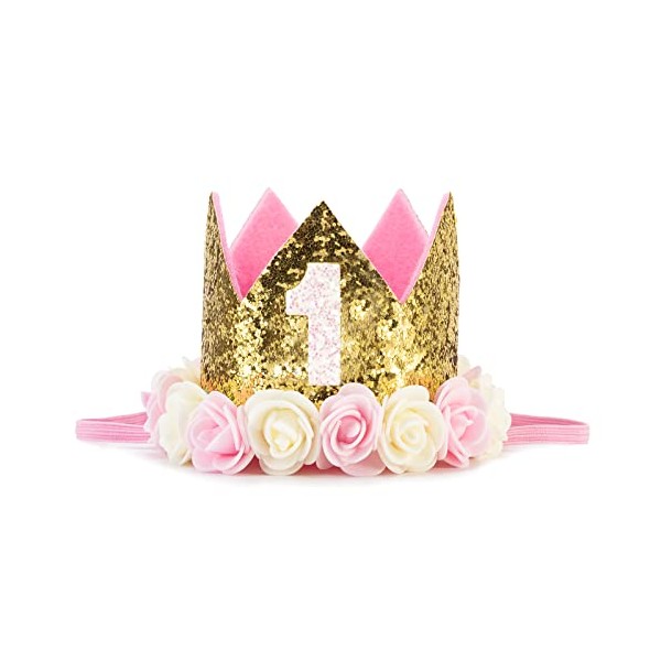 BOSONER Baby Princess Crown 1" Tiara Kids First Birthday Hat Sparkle Gold Flower Design (1st Birthday crown)