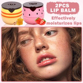 2PCS Honey & Strawberry Bee Lip Balm,Moisturizing Lip Sleeping Mask