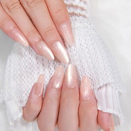 Erolagomat Press on Nails nude cat eyes almond Fake Nails, Medium Length Almond Acrylic Nails with Jelly Glue, Shiny Glossy Gel False Nails Kits Salon Quality Press ons Stick Glue on Nails Tip,24 Pcs