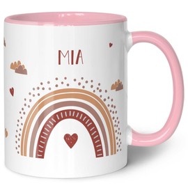 GRAVURZEILE Tasse für Kinder - im Regenbogen Design - Personalisiert mit Namen - Geschenk für Mädchen und Jungen zum Geburtstag - zur Kommunion und Konfirmation - Geburtstagsgeschenk - Rosa