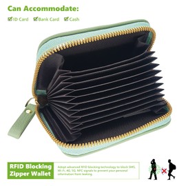 Womens Credit Card Holder, Small RFID Blocking Ladies Wallet with Stainless Steel Zipper Leather Accordion Green Wallets Case for Women ID Compact Slim Blocked Zip Accordian Cards (green) A3PBKB-1
