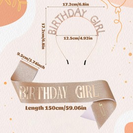 Birthday Sash and Tiara, Glitter Birthday Headband for Girls, Birthday Sash with Rhinestones, Birthday Accessories for Women and Girls (Rose Gold)