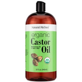 Natural Riches Aceite De Ricino Orgánico - Prensado En Frío, Certificado Usda Para Piel Seca, Caída De Cabello, Caspa, Crecimiento Del Cabello, Y Pestañas Y Cejas Más Gruesas - 32 Fl. Oz.